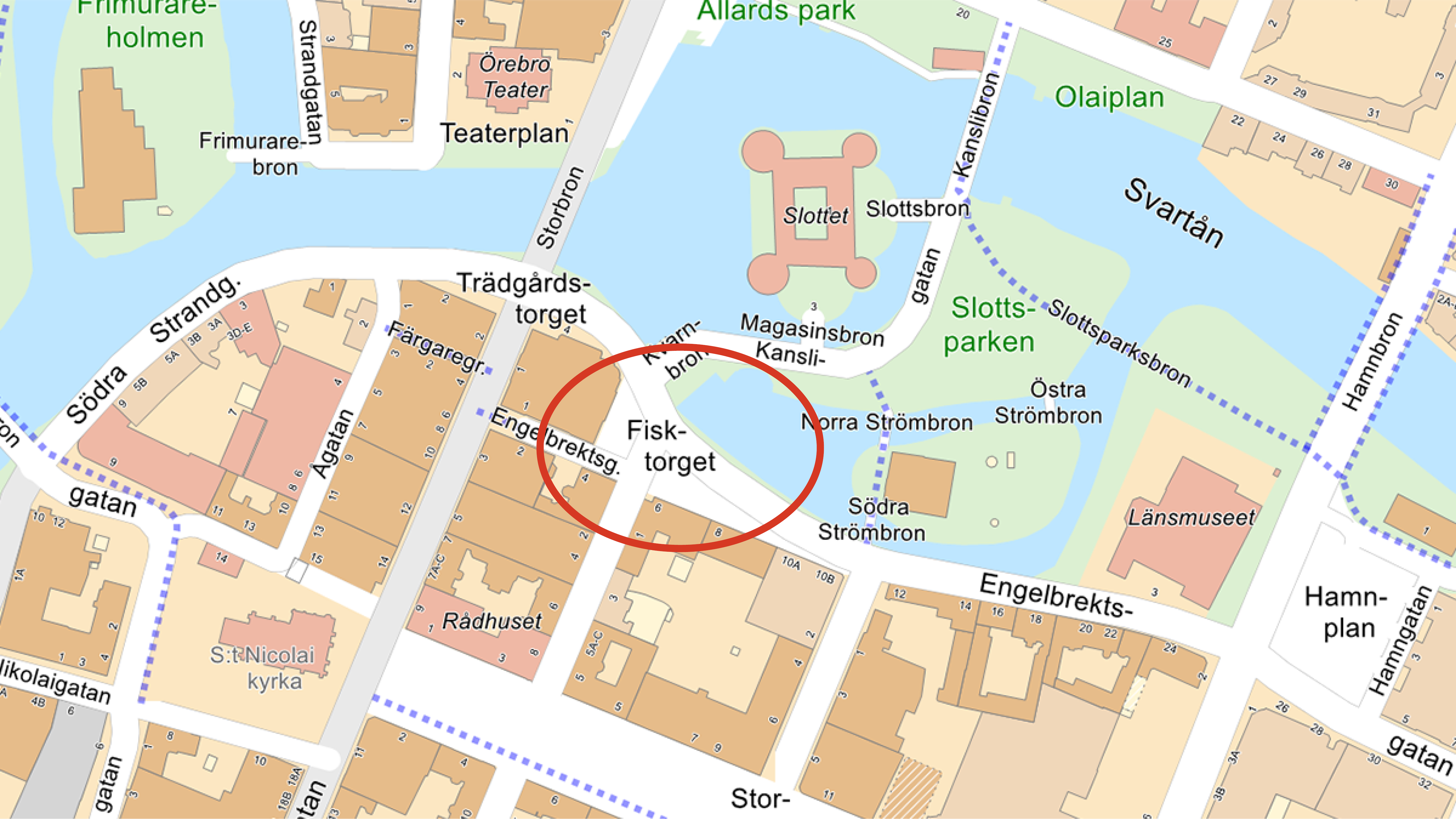 Karta som visar Fisktorget i centrala Örebro.