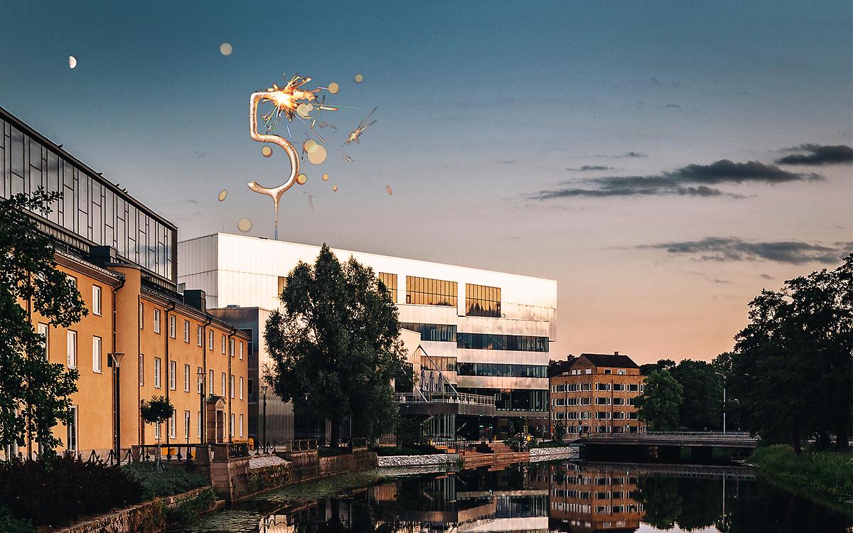 Montage där siffran fem glittrar över foto på Kulturkvarteret i Örebro