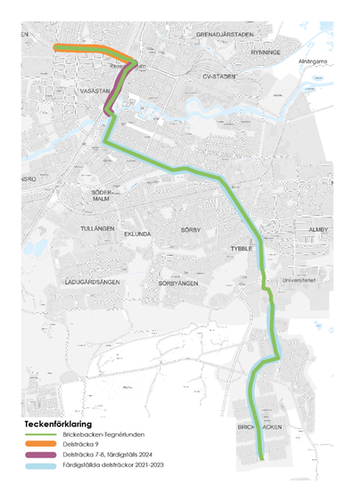 Karta över första etappen för Citylinjen med markering för delsträcka 9 samt färdiga delsträckor under 2021-2024.